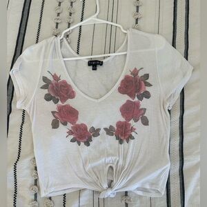 Timing White V-Neck Tie-Front Crop Top with Red Rose Print